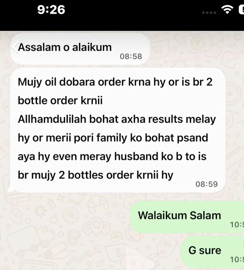 Real WhatsApp review for NB Herbals herbal hair oil โ customer reordered 2 bottles, whole family uses it