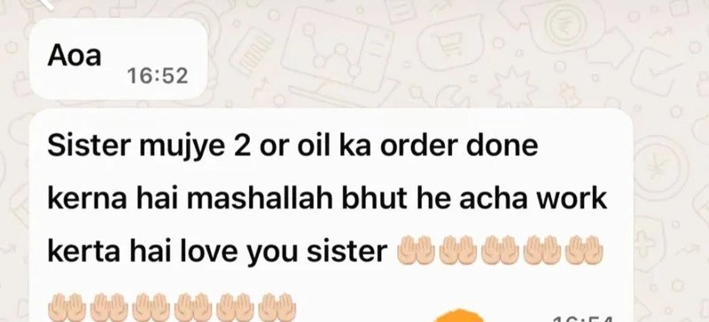 Real WhatsApp review for NB Herbals herbal hair oil โ repeat customer praising the results