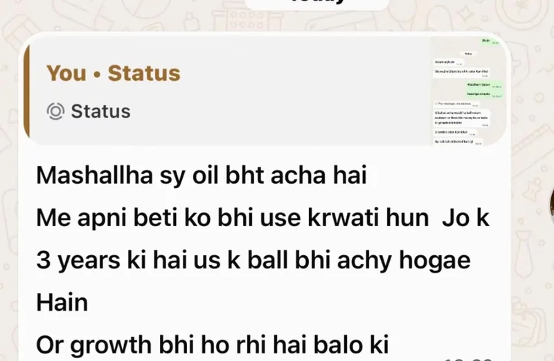 Real WhatsApp review for NB Herbals herbal hair oil โ mother uses it on her 3-year-old daughter