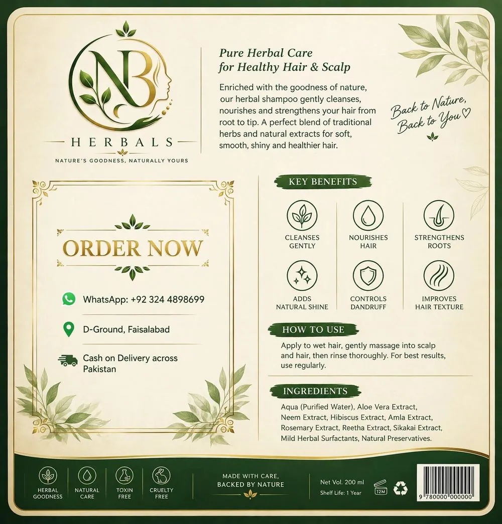 NB Herbals shampoo packaging label showing key ingredients